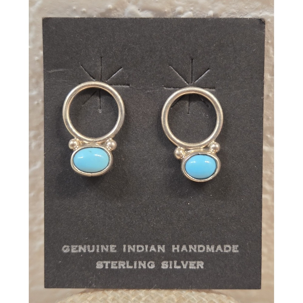 Genuine Native American Sterling Silver & Turquoise Door Knocker Dangle Earrings